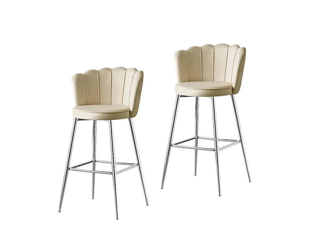 Lot 2 Tabourets de Bar Nymphea Velours Beige Pieds Chrome