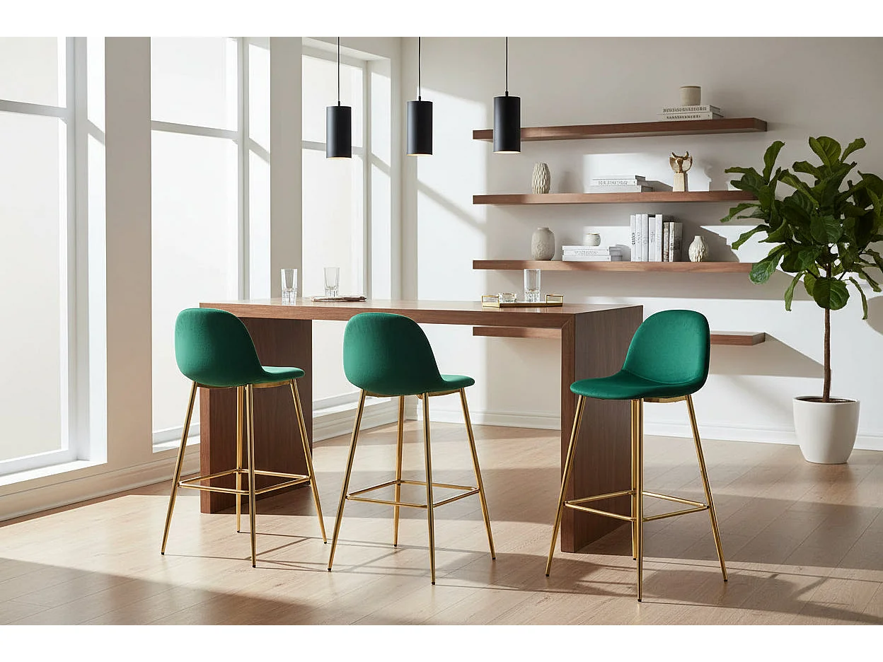 Lot 2 Tabourets de Bar Scandinave Velours Vert Pieds Gold 47,5x43x100cm