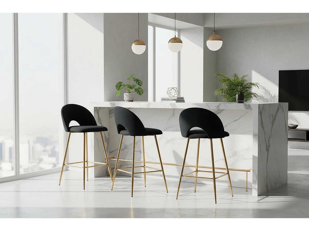 Lot 2 Tabourets de Bar Teddy Velours Noir Pieds Gold 47x36x98cm