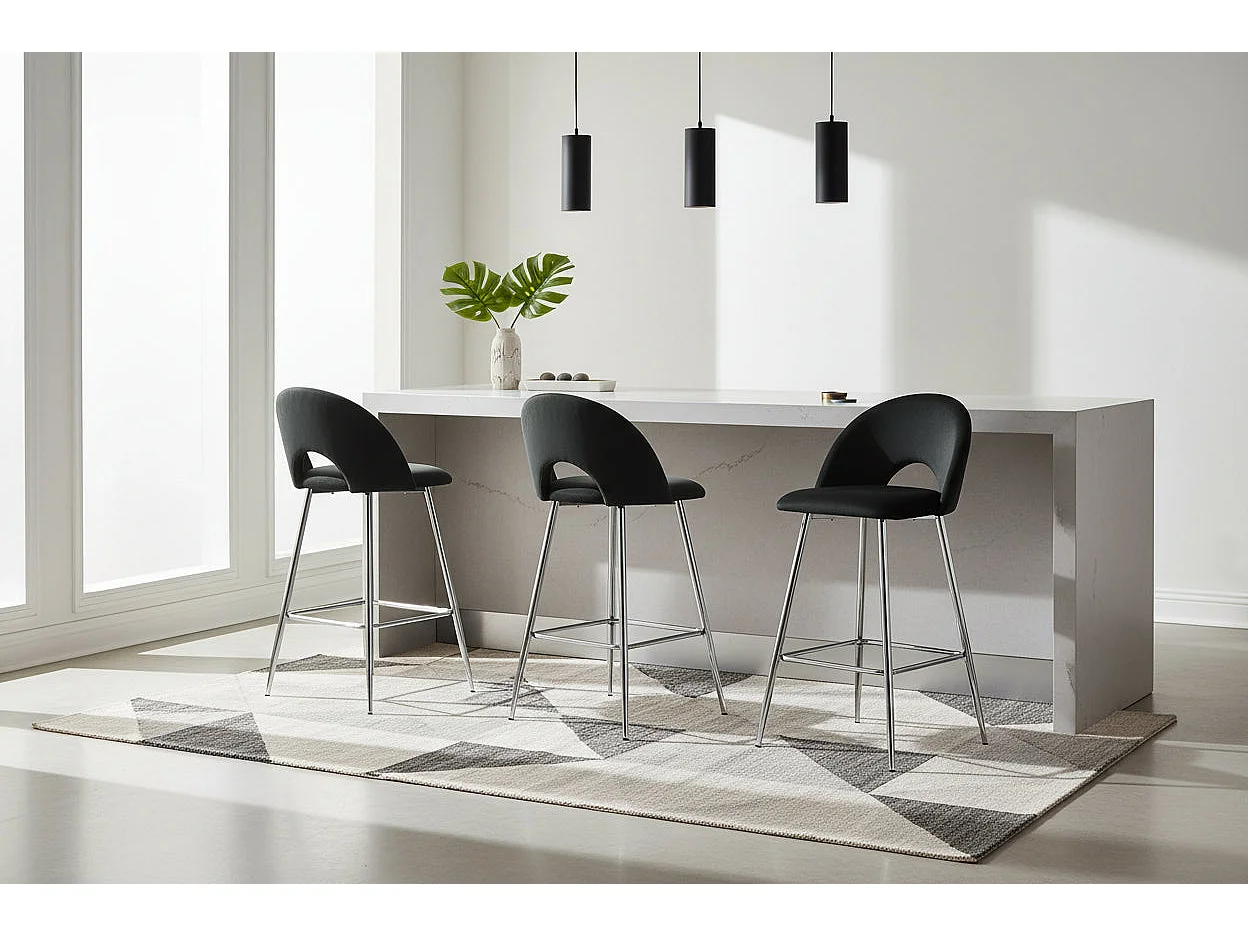 Lot 2 Tabourets de Bar Teddy Velours Noir Pieds Chrome 47x36x98cm