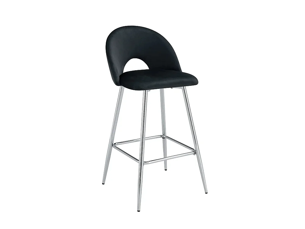Lot 2 Tabourets de Bar Teddy Velours Noir Pieds Chrome 47x36x98cm