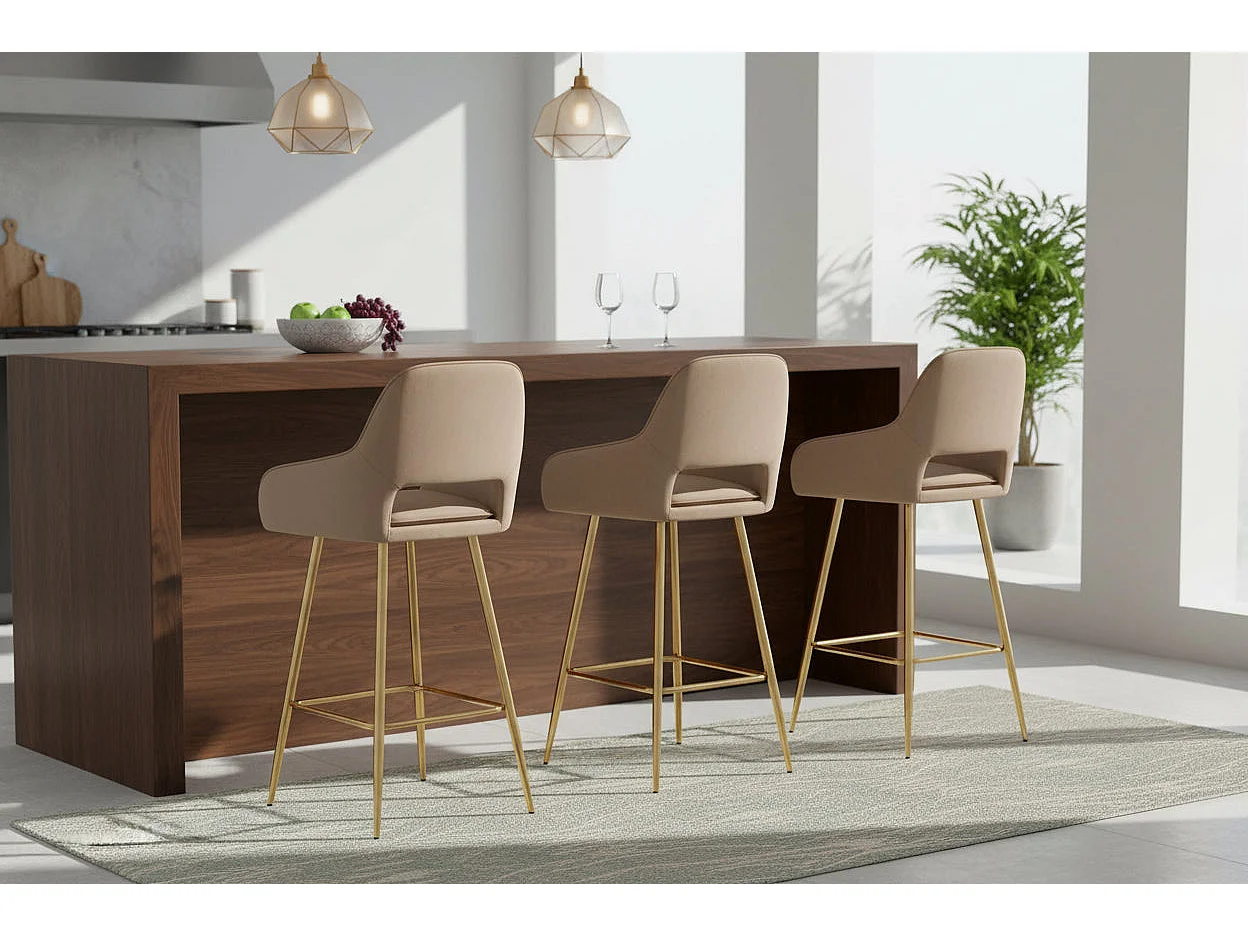 Lot 2 Tabourets de Bar Athena Velours Taupe Pieds Gold 47x41x104cm