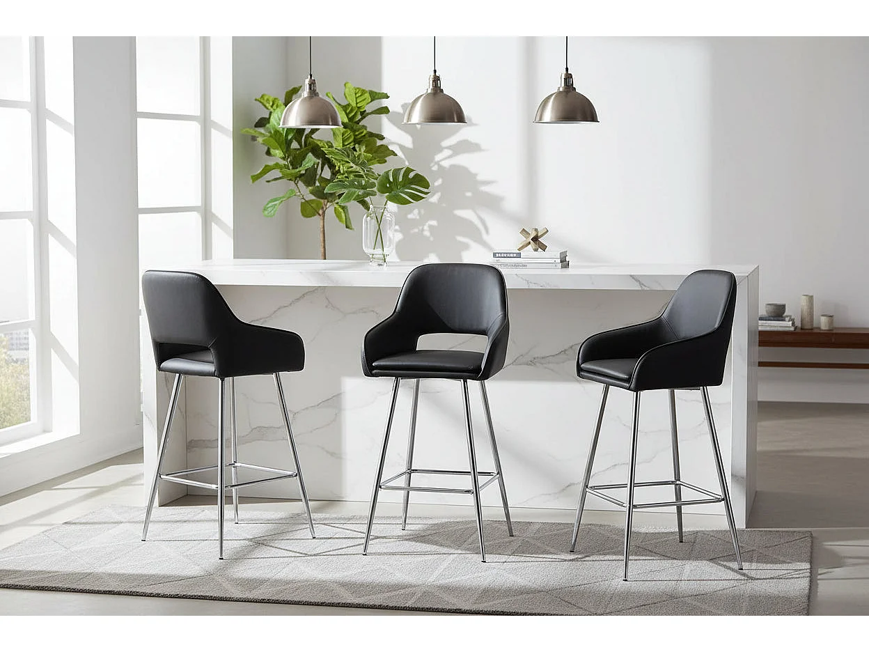 Lot 2 Tabourets de Bar Athena Velours Noir Pieds Chrome 47x41x104cm