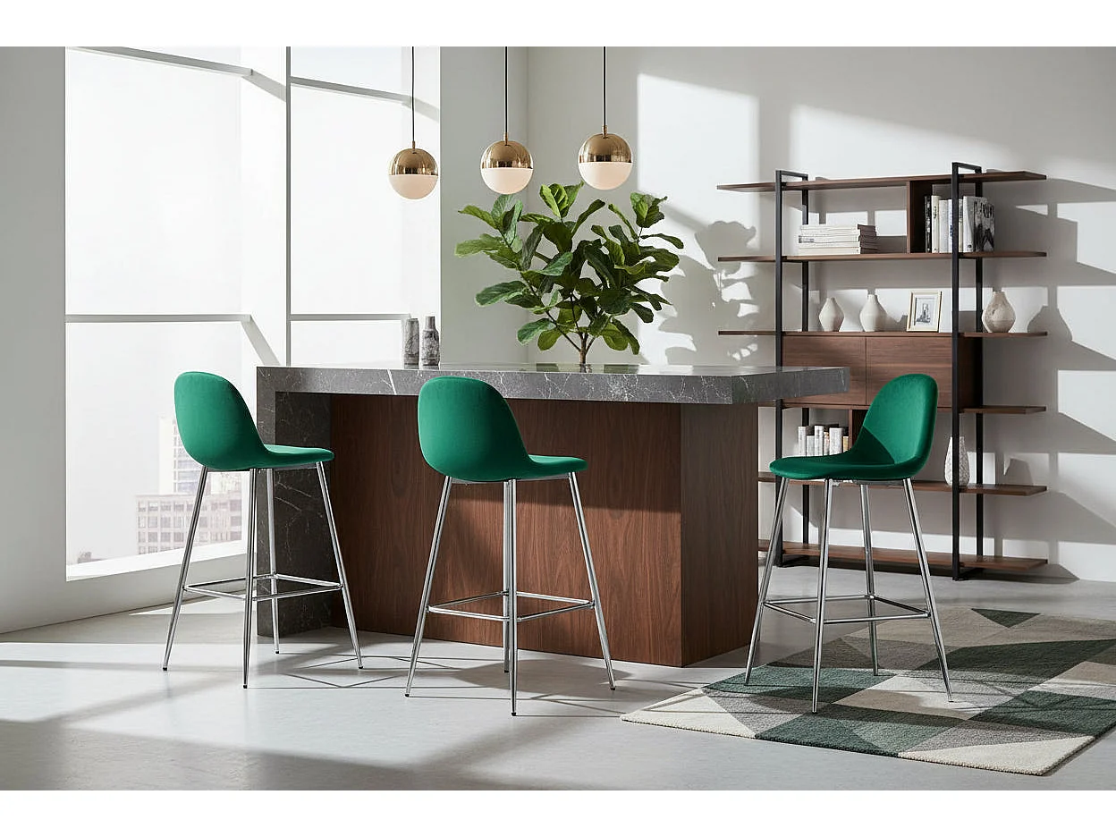 Lot 2 Tabourets de Bar Scandinave Velours Vert Pieds Chrome