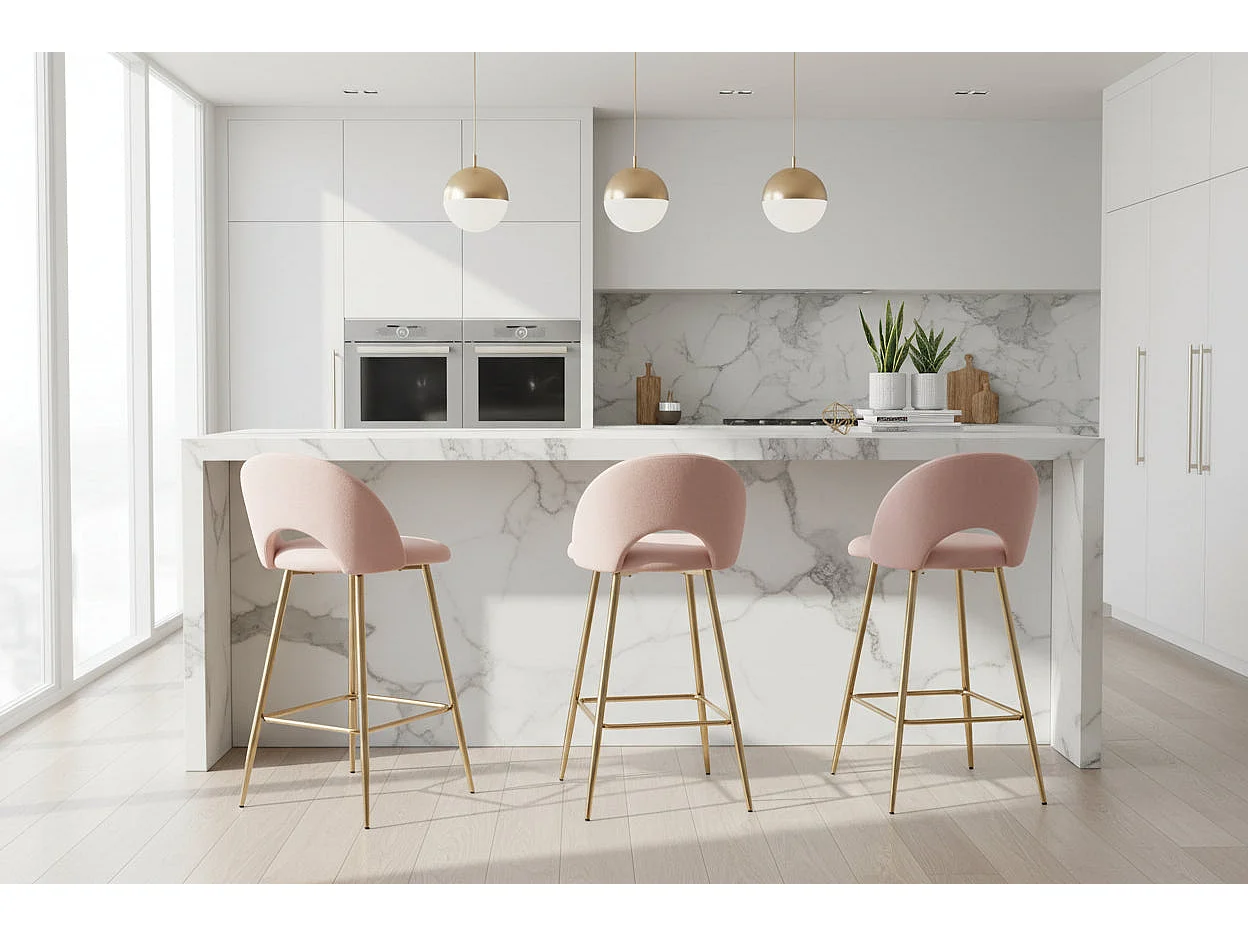 Lot 2 Tabourets de Bar Teddy Velours Rose Pieds Gold 47x36x98cm