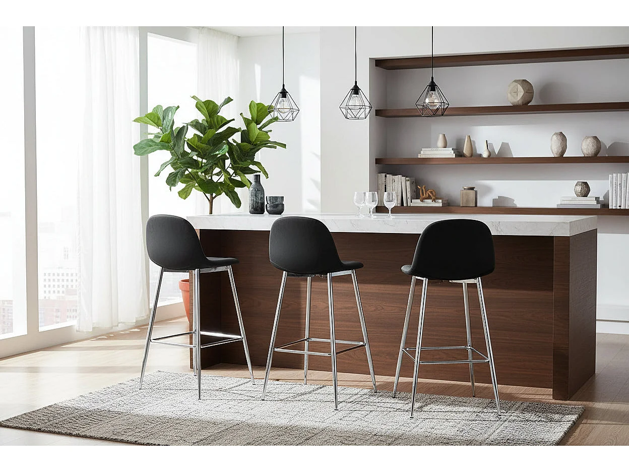 Lot 2 Tabourets de Bar Scandinave Velours Noir Pieds Chrome