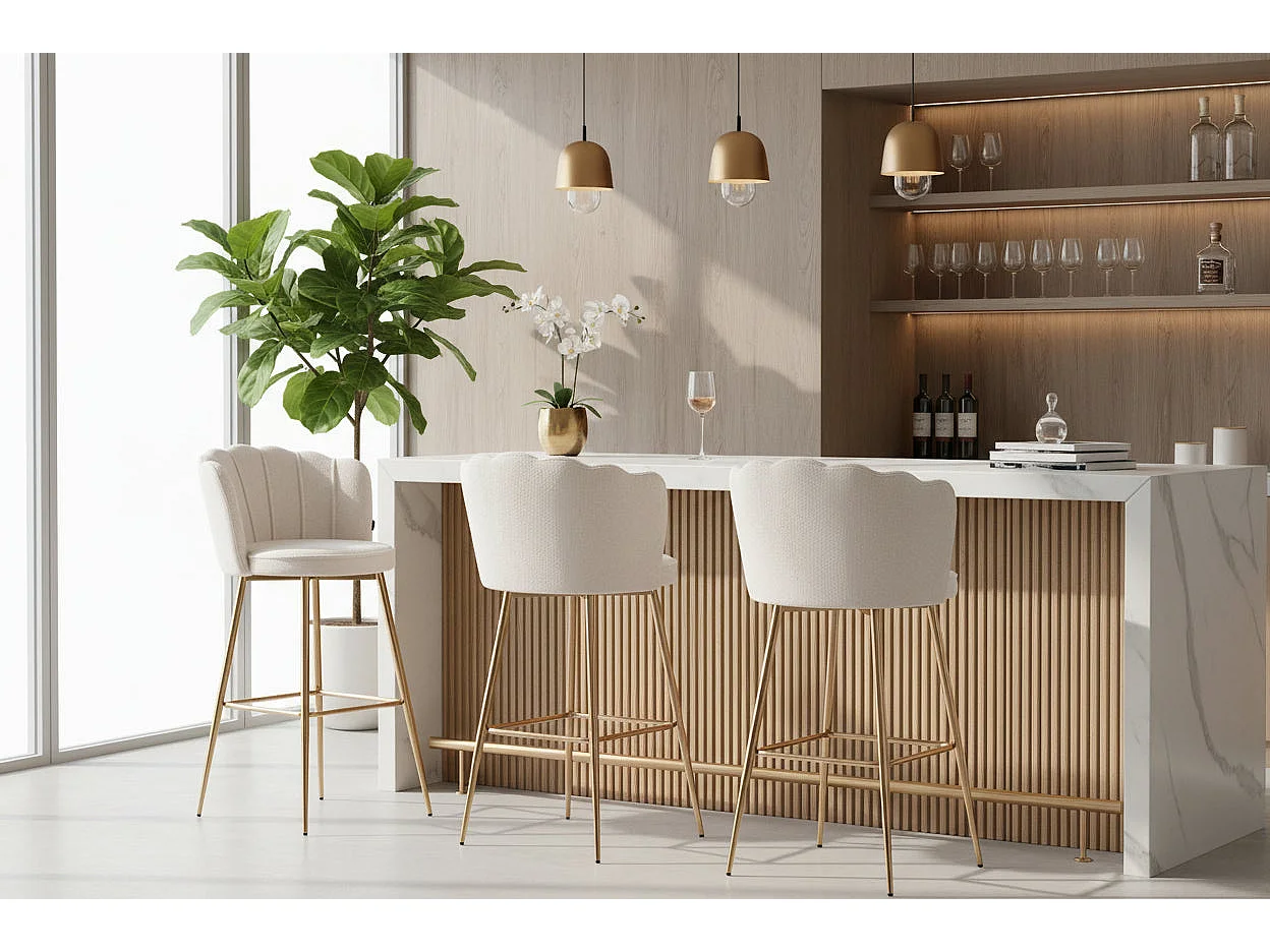 Lot 2 Tabourets de Bar Nymphea Velours Blanc Doudou Pieds Gold