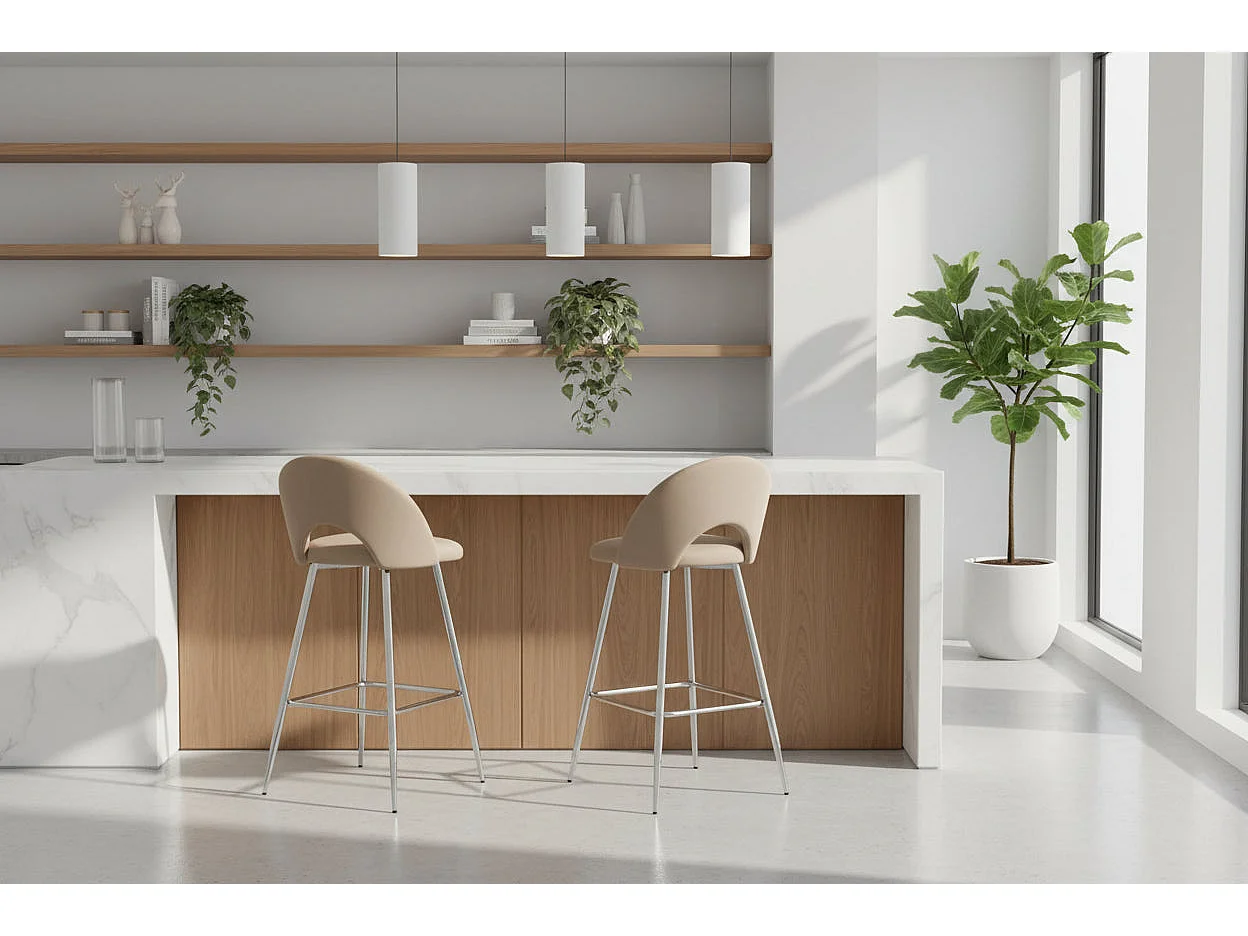 Lot 2 Tabourets de Bar Teddy Velours Taupe Pieds Chrome 47x36x98cm