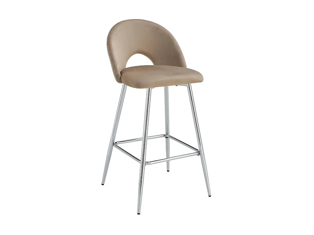 Lot 2 Tabourets de Bar Teddy Velours Taupe Pieds Chrome 47x36x98cm