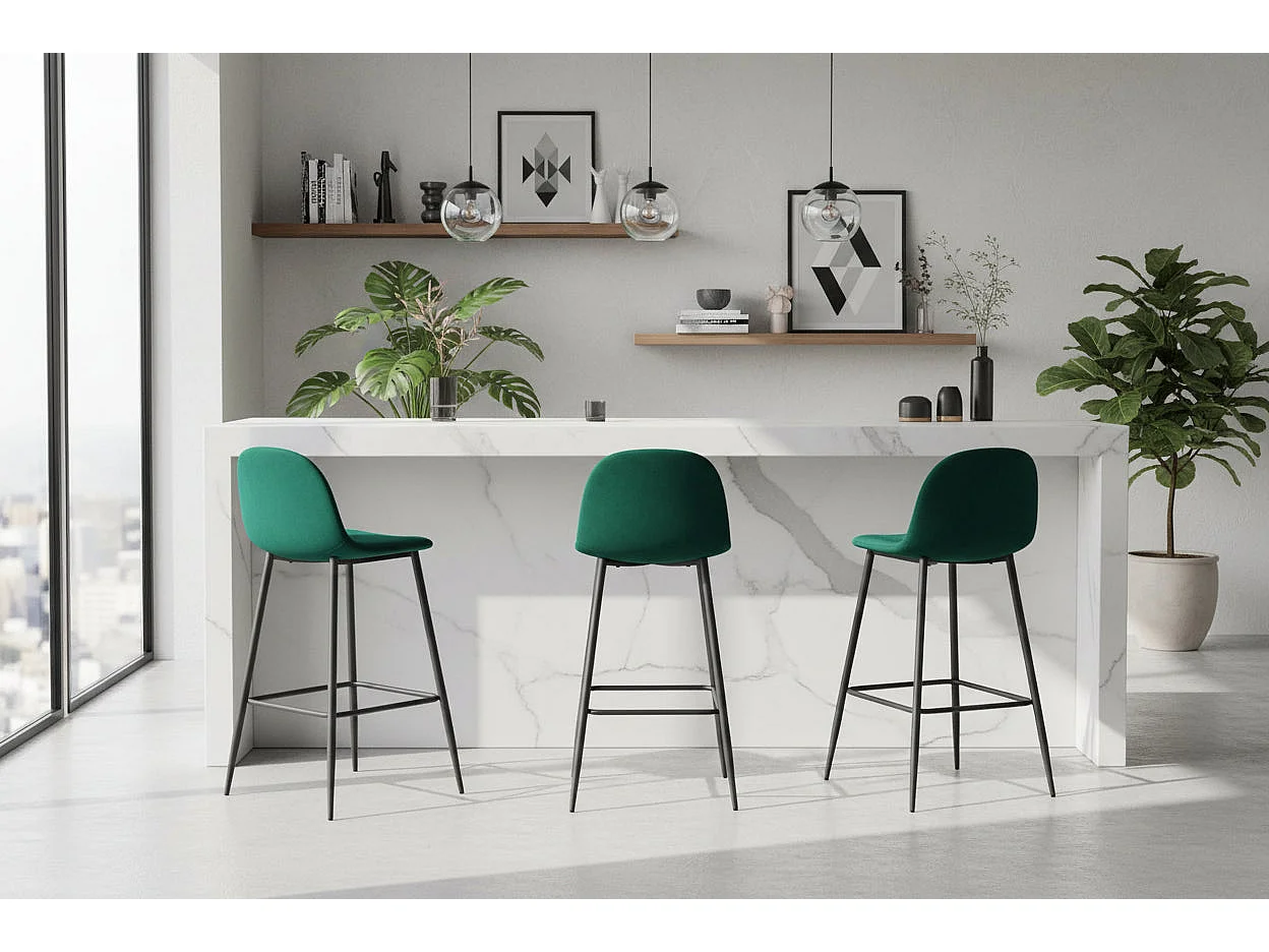 Lot 2 Tabourets de Bar Scandinave Velours Vert Pieds Métal Noir