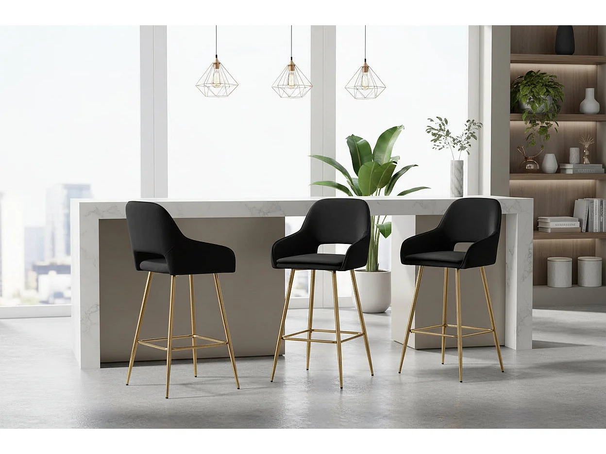 Lot 2 Tabourets de Bar Athena Velours Noir Pieds Gold 47x41x104cm