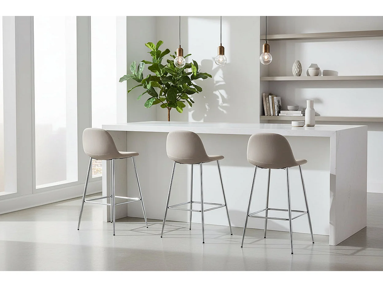 Lot 2 Tabourets de Bar Scandinave Velours Taupe Pieds Chrome