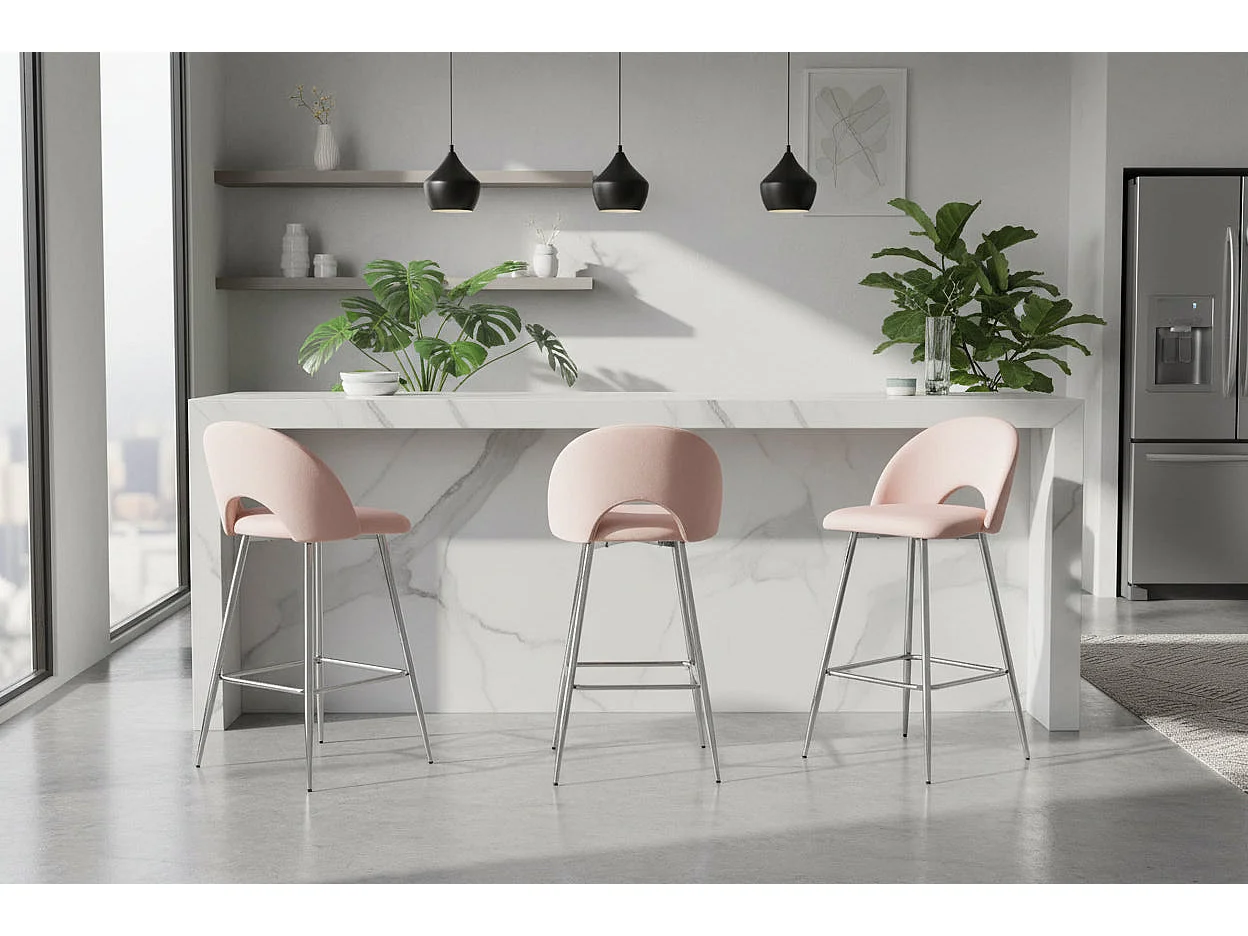 Lot 2 Tabourets de Bar Teddy Velours Rose Pieds Chrome 47x36x98cm