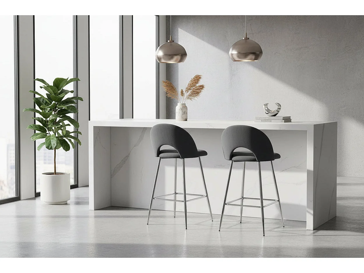 Lot 2 Tabourets de Bar Teddy Velours Anthracite Pieds Chrome 47x36x98cm