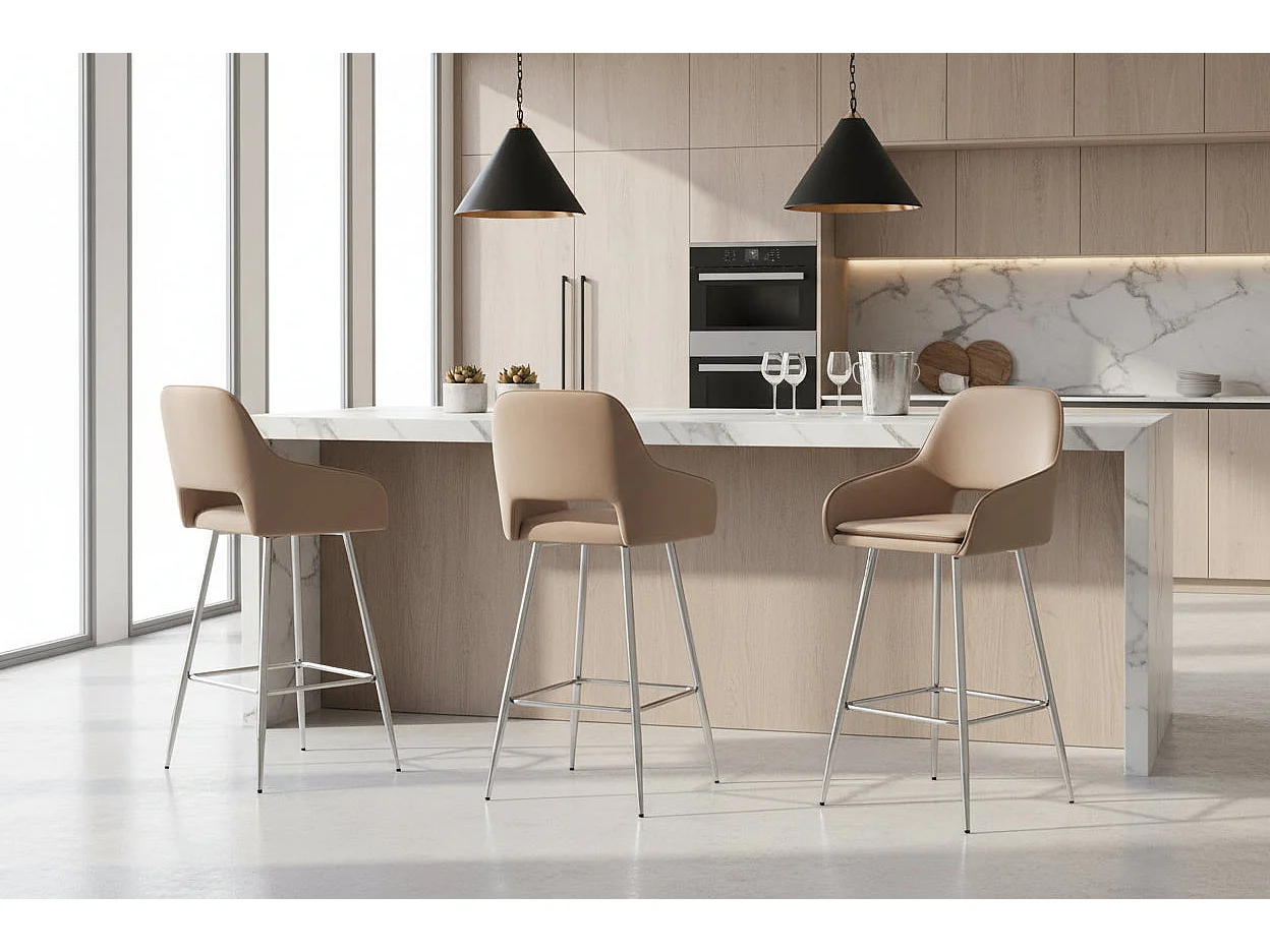 Lot 2 Tabourets de Bar Athena Velours Taupe Pieds Chrome 47x41x104cm