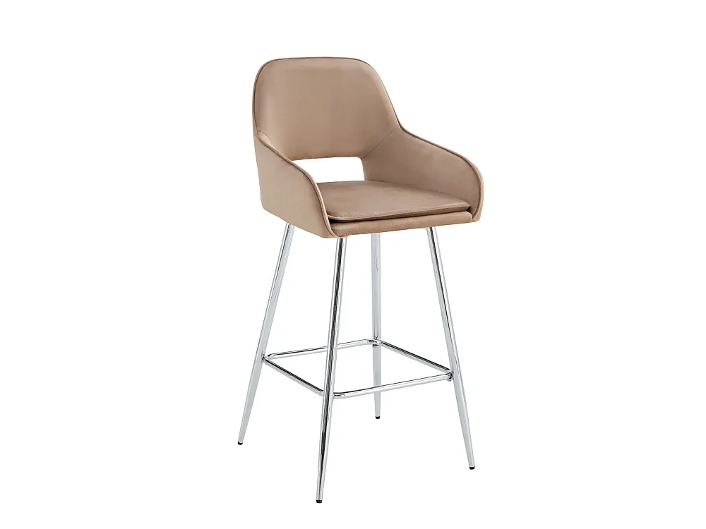 Lot 2 Tabourets de Bar Athena Velours Taupe Pieds Chrome 47x41x104cm