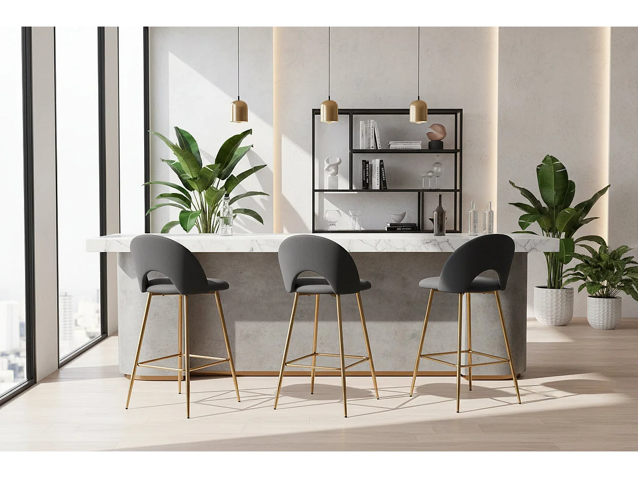 Lot 2 Tabourets de Bar Teddy Velours Anthracite Pieds Gold 47x36x98cm