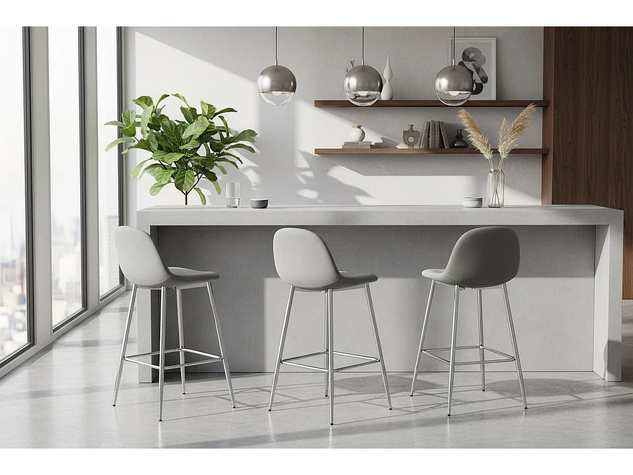 Lot 2 Tabourets de Bar Scandinave Velours Gris Pieds Chrome