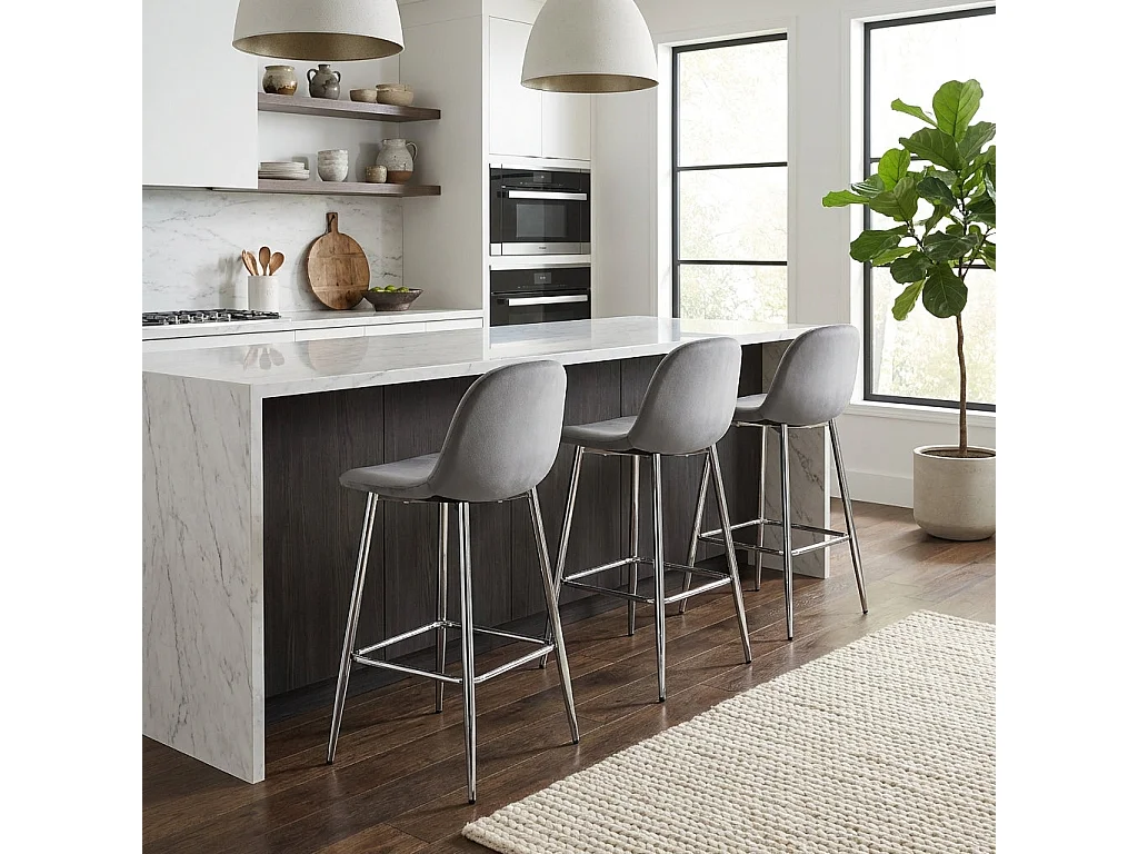 Lot de 2 tabourets de bar velours gris pieds chrome 69 cm - SCANDINAVE