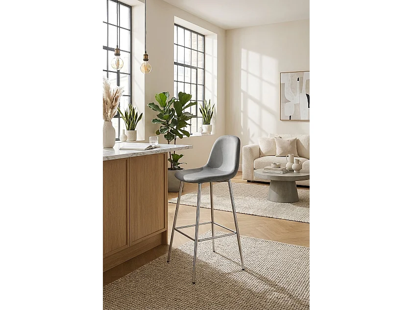 Lot de 2 tabourets de bar velours gris pieds chrome 69 cm - SCANDINAVE