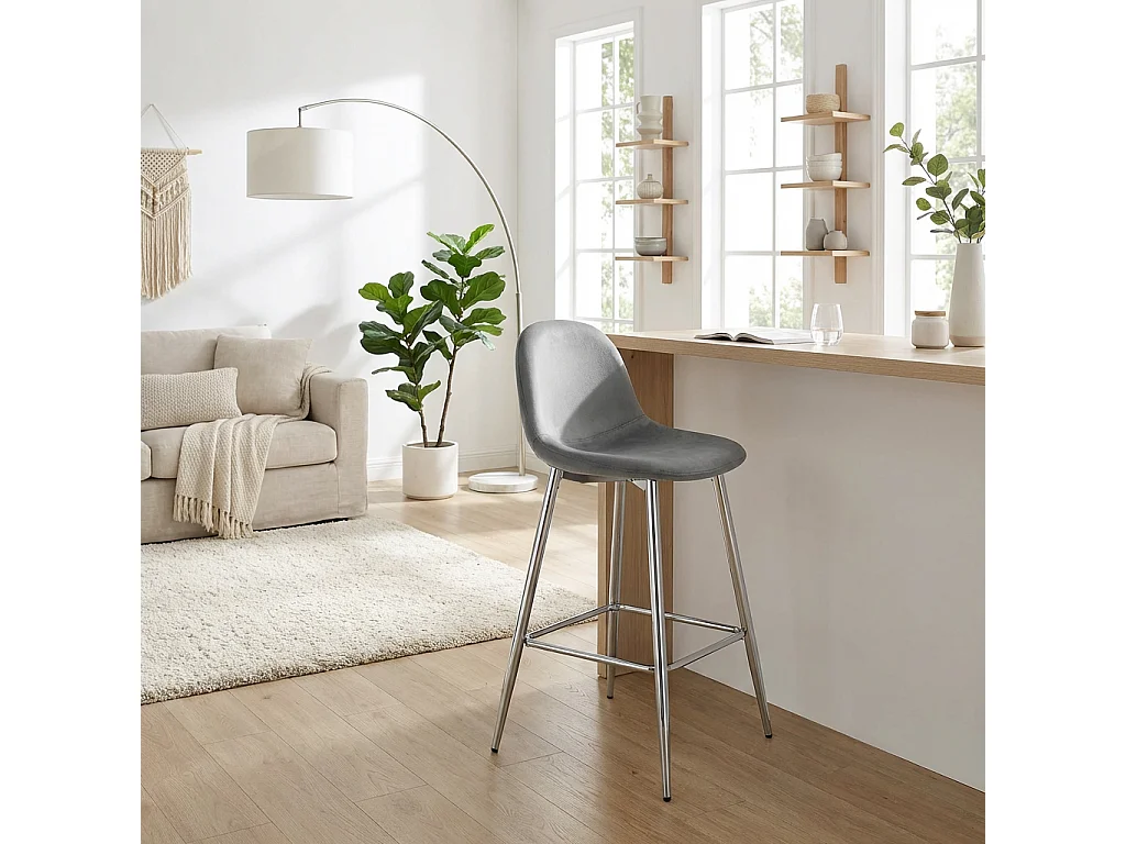 Lot de 2 tabourets de bar velours gris pieds chrome 69 cm - SCANDINAVE