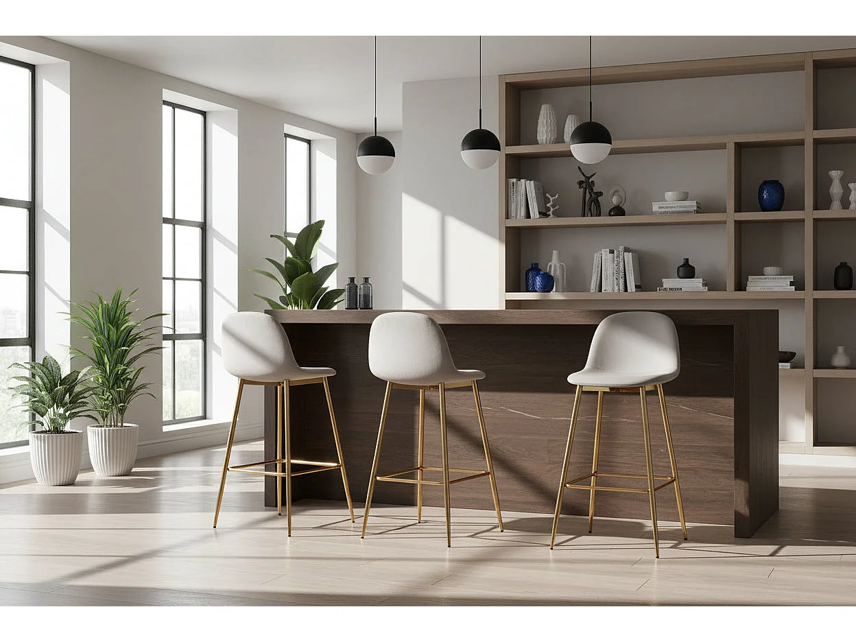 Lot 2 Tabourets de Bar Scandinave Velours Taupe Pieds Gold 47,5x43x100cm