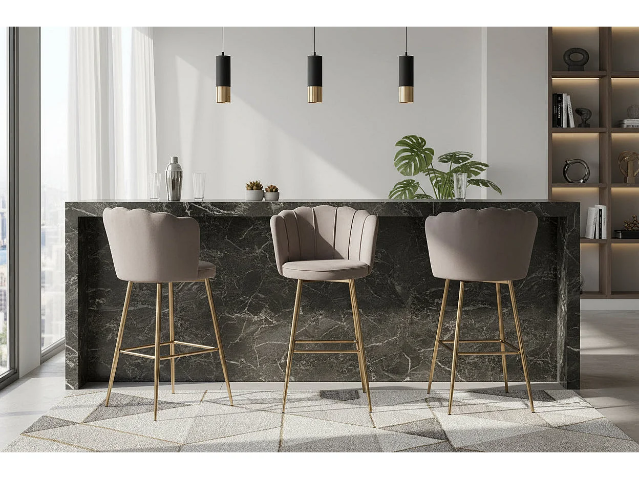 Lot 2 Tabourets de Bar Nymphea Velours Moka Pieds Gold