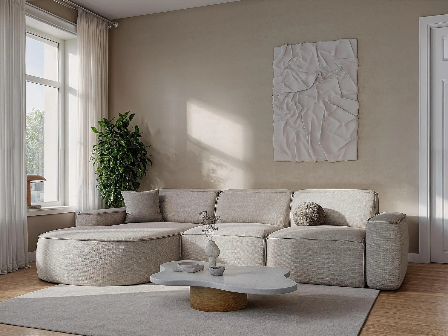 Driezits modulaire bank van lichtgrijs textuurstof - OMAO