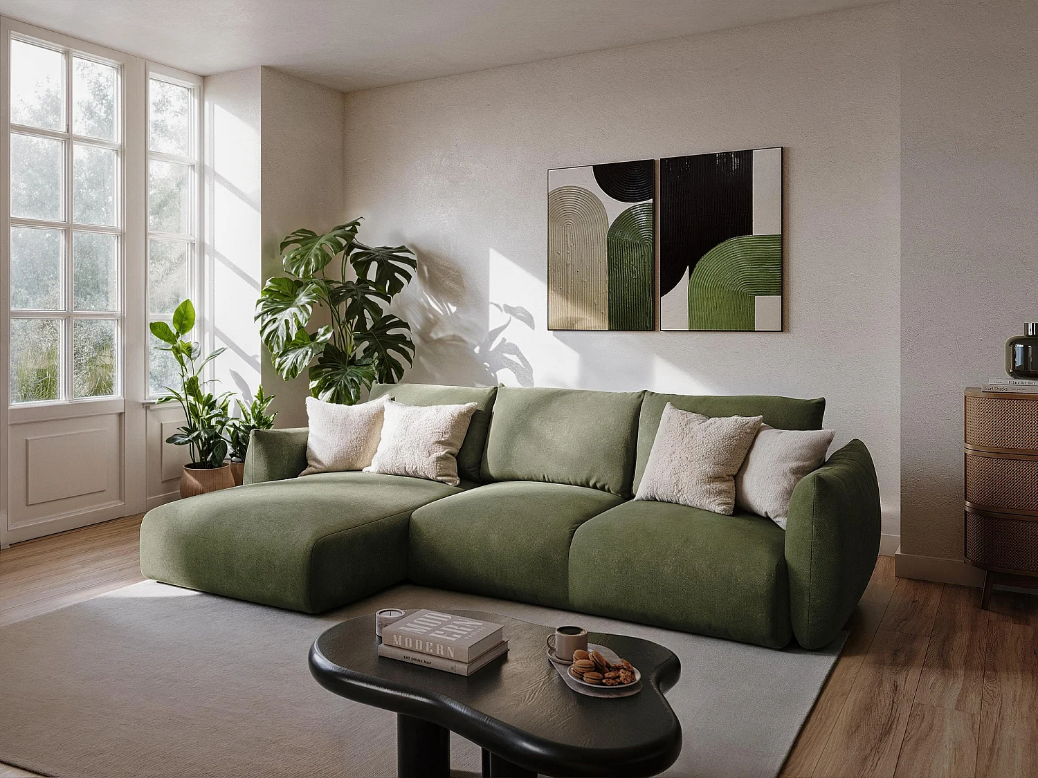 Pouf en tissu chenille - olive - LEILA