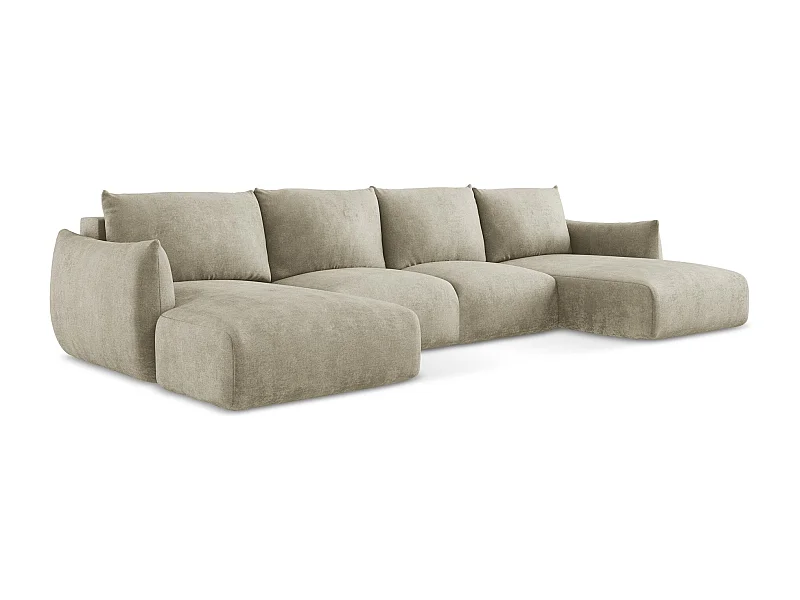 Panoramische bank met bedfunctie van beige chenille stof - LEILA