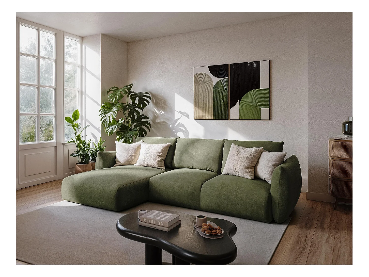 Canapé panoramique 4 places convertible en tissu chenille - olive - LEILA