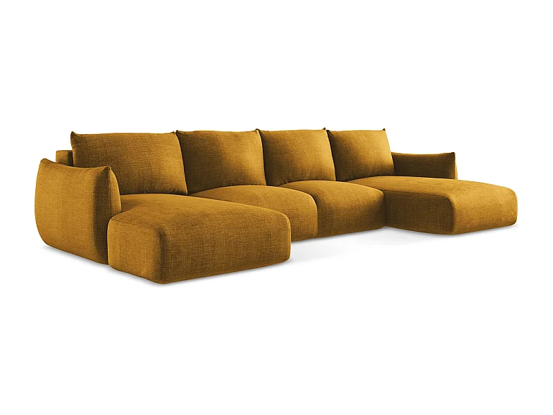 Sofa panoramiczna z funkcją spania - z tkaniny strukturalnej - musztardowy - LEILA