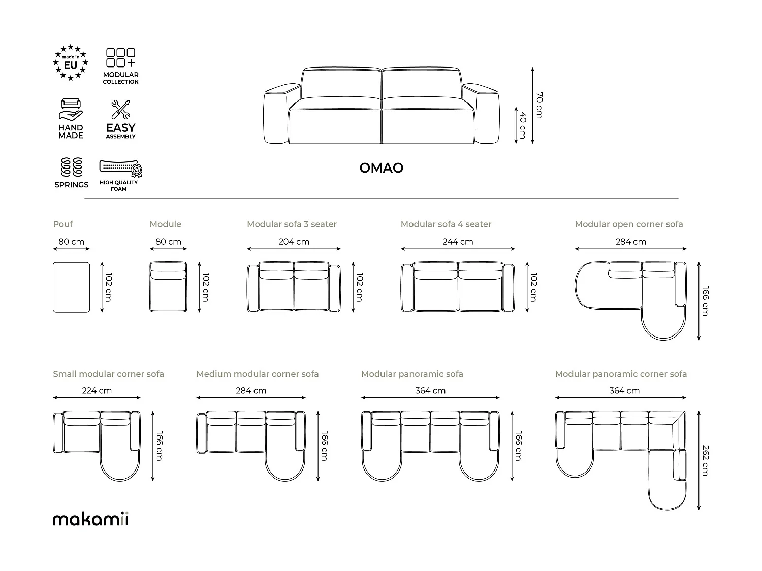 Canapé panoramique 5 places modulaire gauche en tissu chenille - gris foncé - OMAO