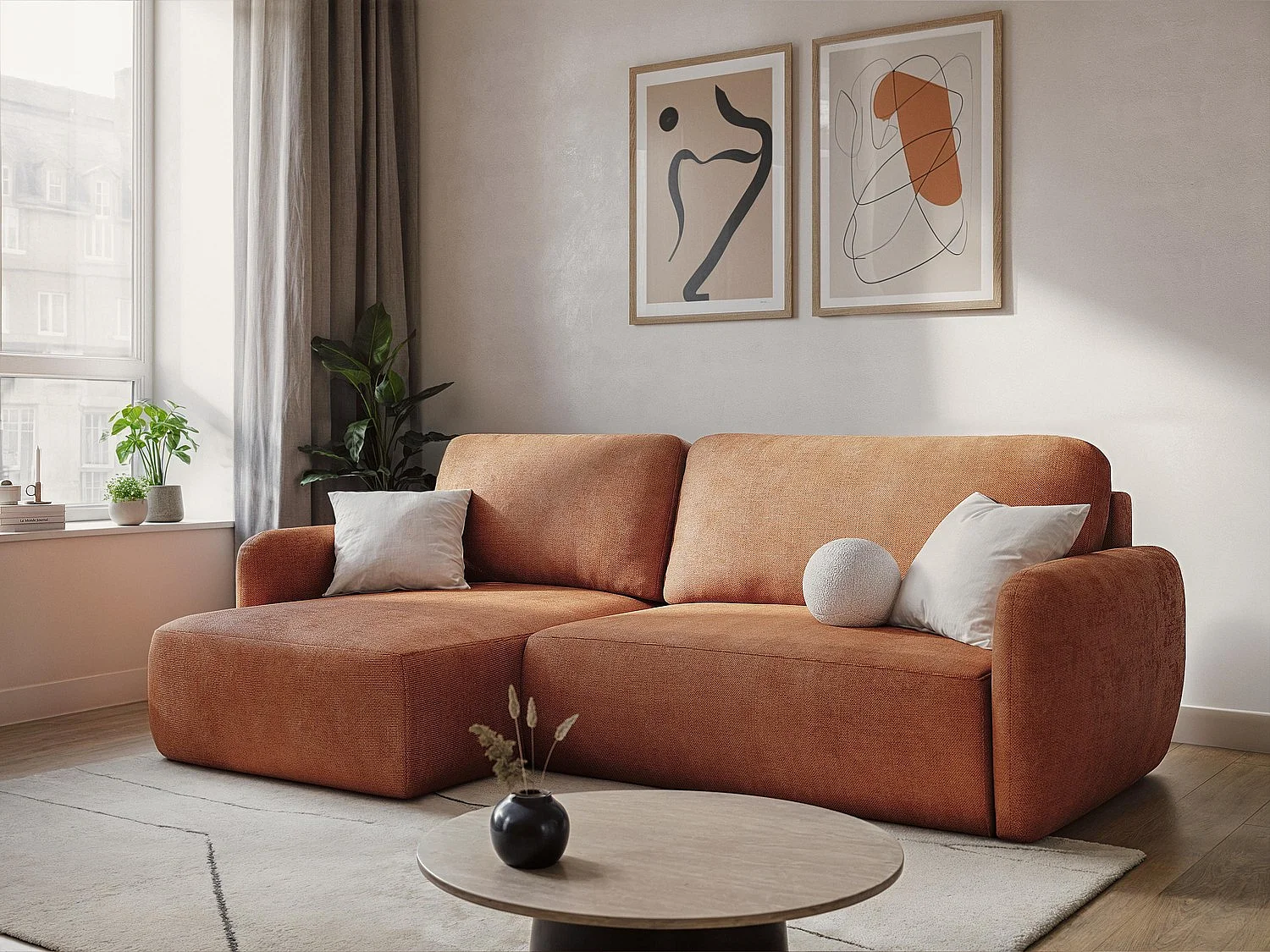 Canapé d'angle droit convertible en tissu chenille - beige - CORLE