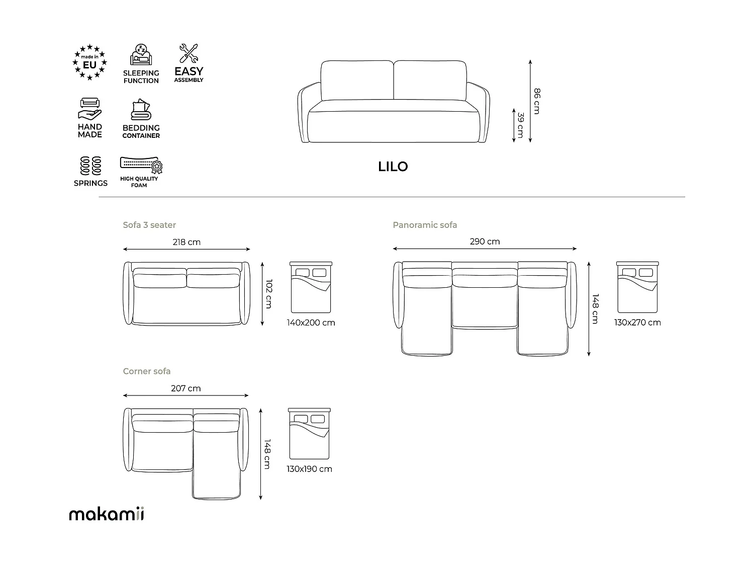 Driezits-slaapbank van taupe textuurstof - LILO