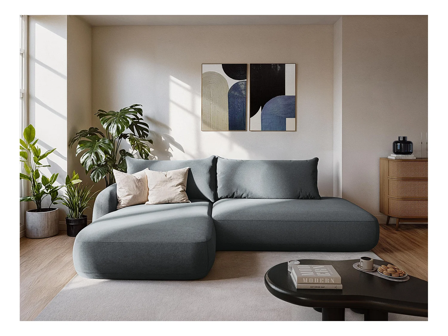 Canapé d’angle 3 places gauche convertible en tissu chenille - gris clair - HALE