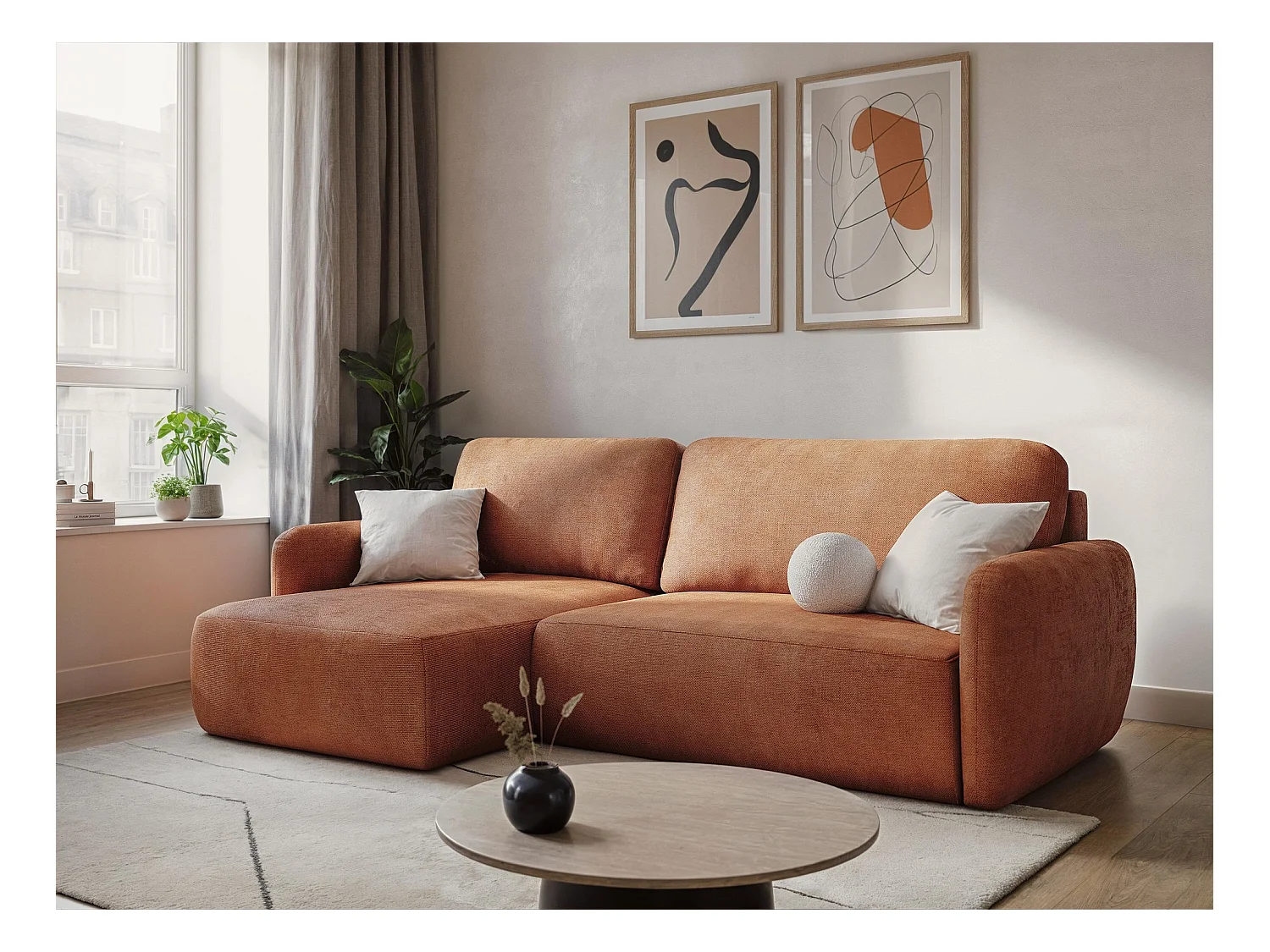 Canapé panoramique 4 places convertible en tissu chenille - gris foncé - LILO