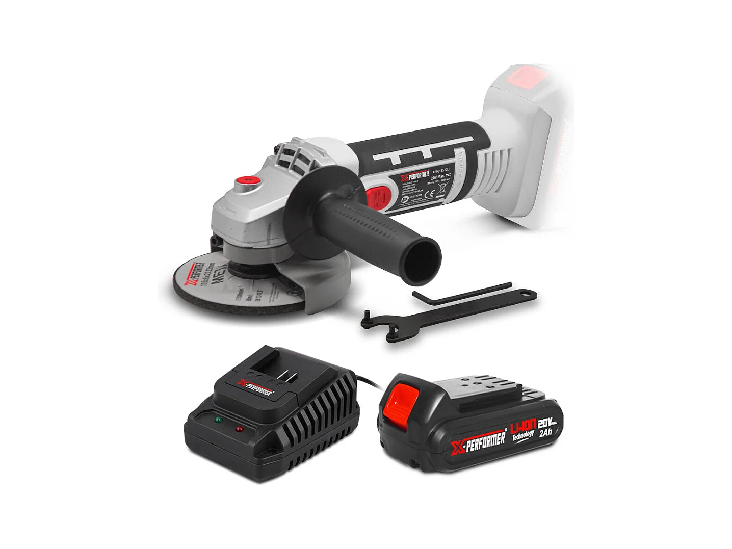 Meuleuse d’angle sans fil X-Performer 20V, disque 115 mm, avec batterie 2Ah et chargeur rapide 1H