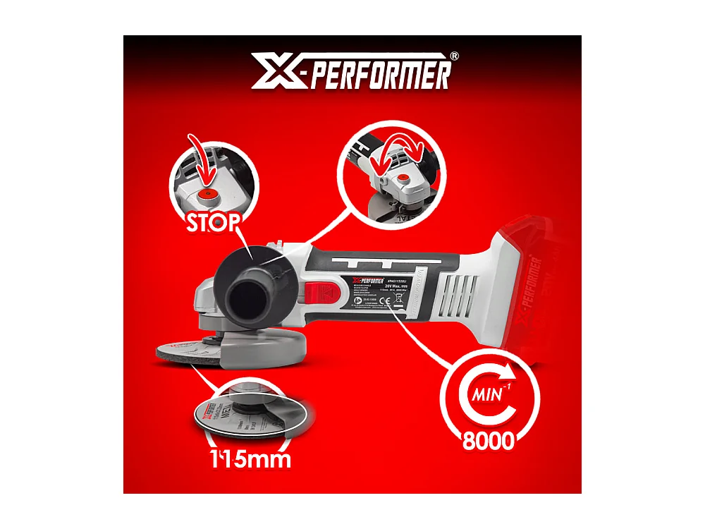 Meuleuse d’angle sans fil X-Performer 20V, disque 115 mm, avec batterie 2Ah et chargeur rapide 1H