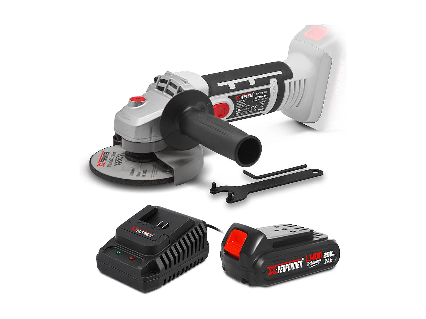 Draadloze haakse slijper X-Performer 20V, schijf 115 mm, met batterij 2Ah en snellader 1H