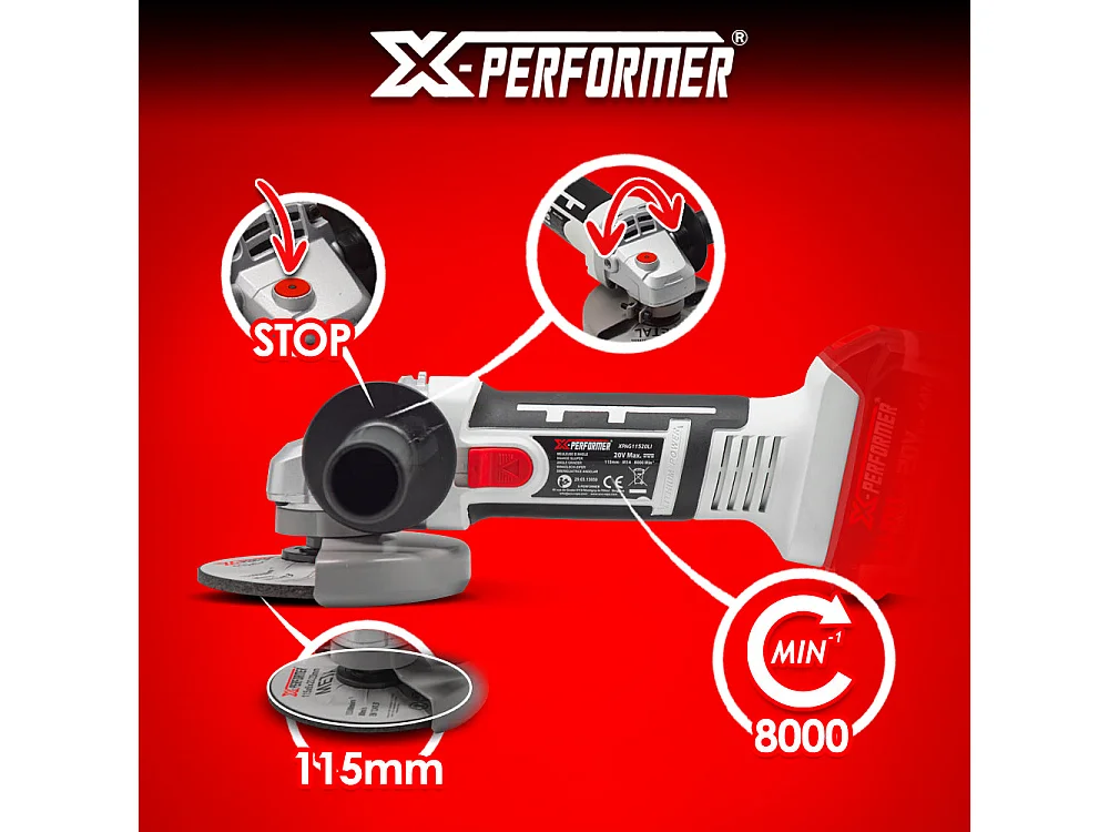 Draadloze haakse slijper X-Performer 20V, schijf 115 mm, met batterij 2Ah en snellader 1H