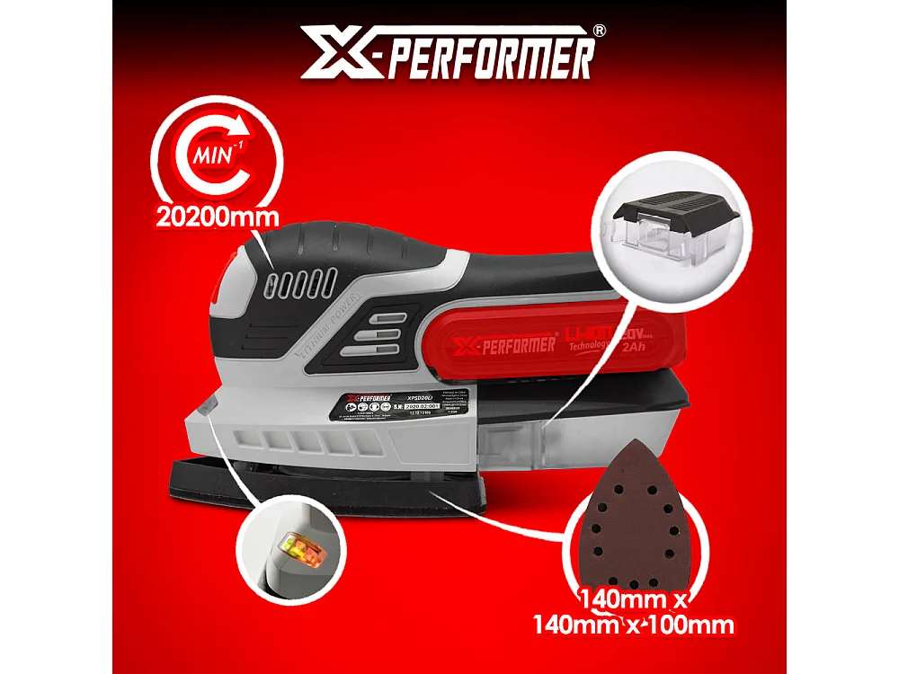 Ponceuse triangulaire sans fil X-Performer 20V avec batterie 2Ah et chargeur rapide 1H