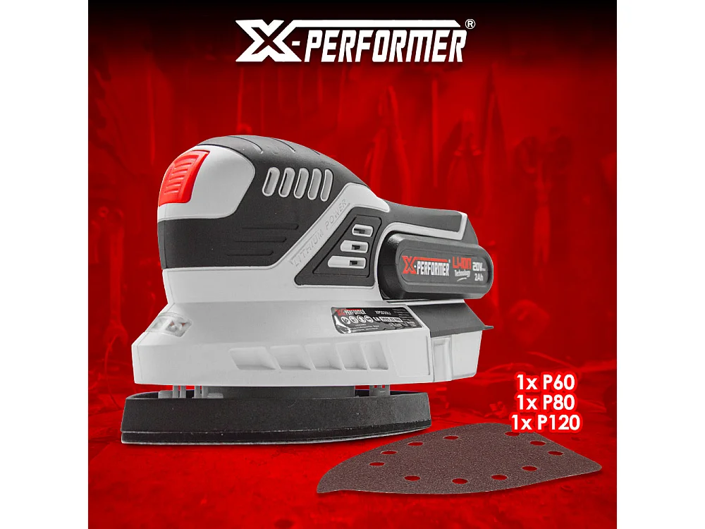 Ponceuse triangulaire sans fil X-Performer 20V avec batterie 2Ah et chargeur rapide 1H