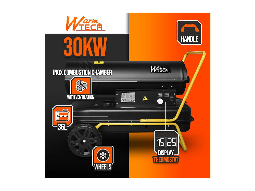 Diesel-warmtekanon van 30 KW met thermostaat en wielen - WARMTECH