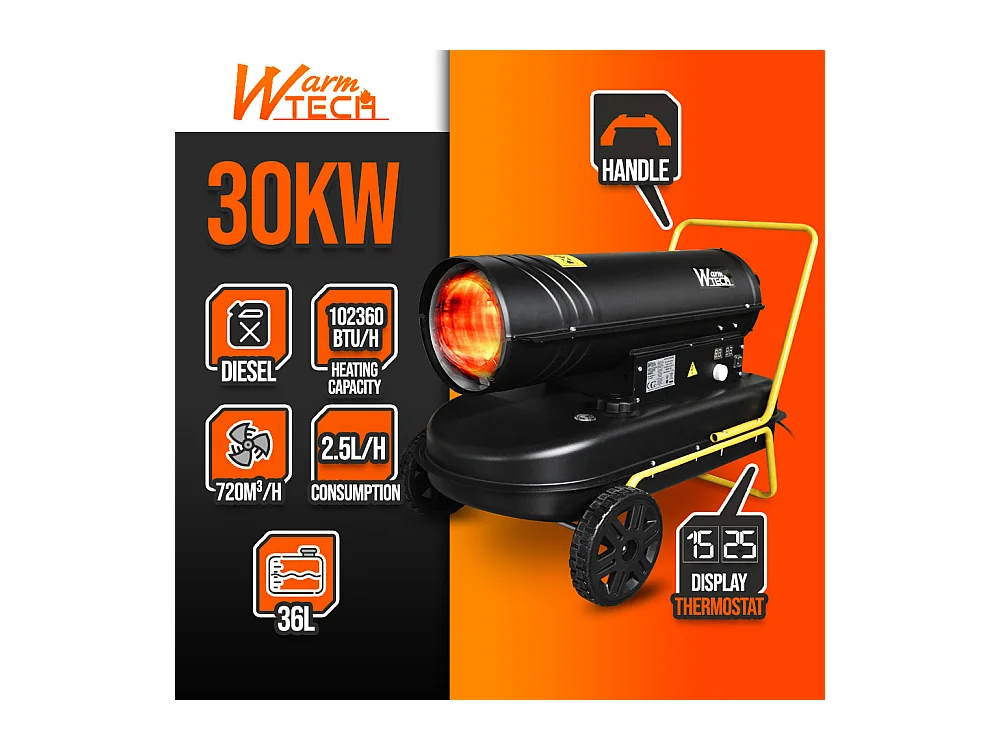 Diesel-warmtekanon van 30 KW met thermostaat en wielen - WARMTECH