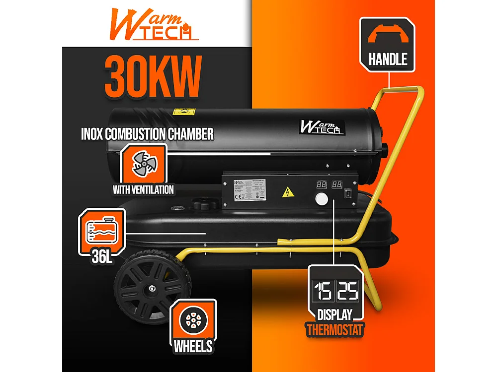 Canon à chaleur diesel 30 KW avec thermostat et roues - WARMTECH