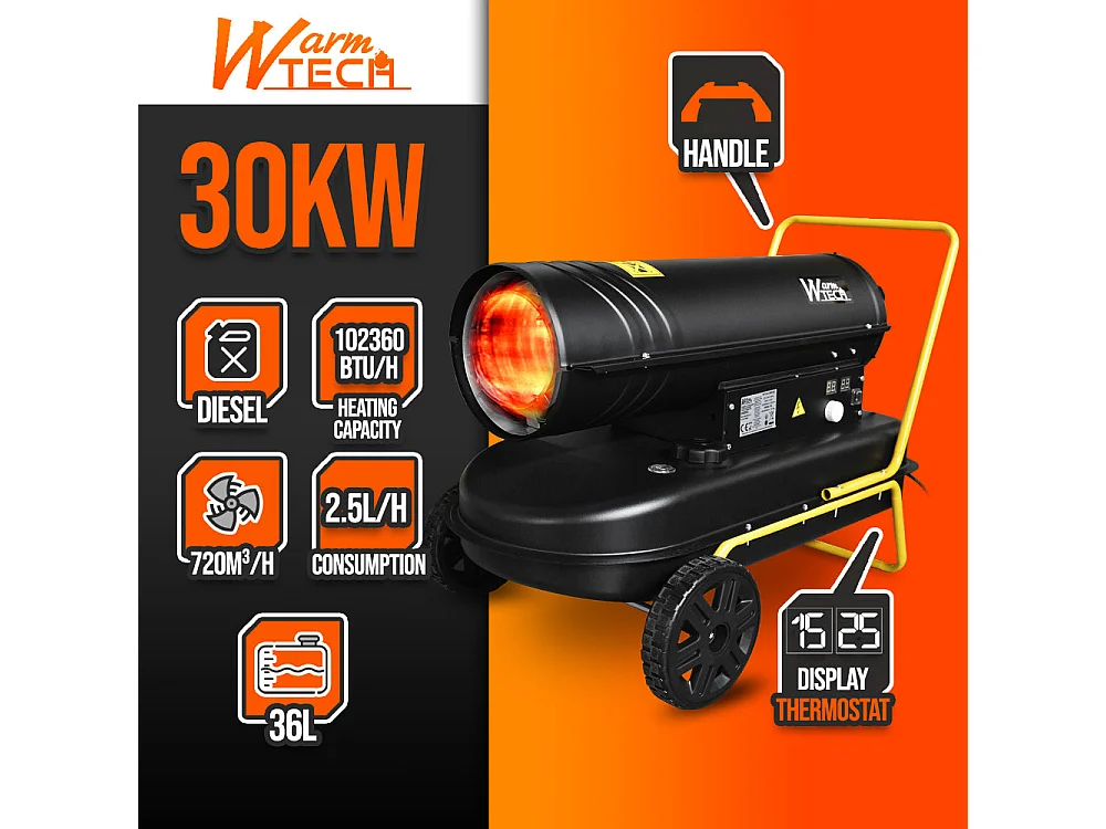 Canon à chaleur diesel 30 KW avec thermostat et roues - WARMTECH