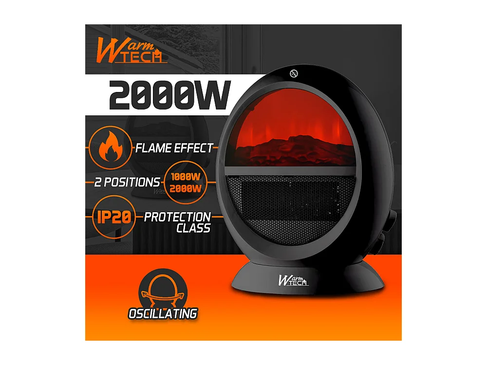 Chauffage soufflant oscillant Warm Tech 2000 W avec thermostat et effet flamme