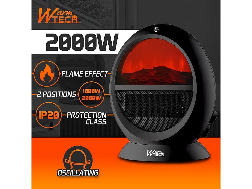 Chauffage soufflant oscillant Warm Tech 2000 W avec thermostat et effet flamme