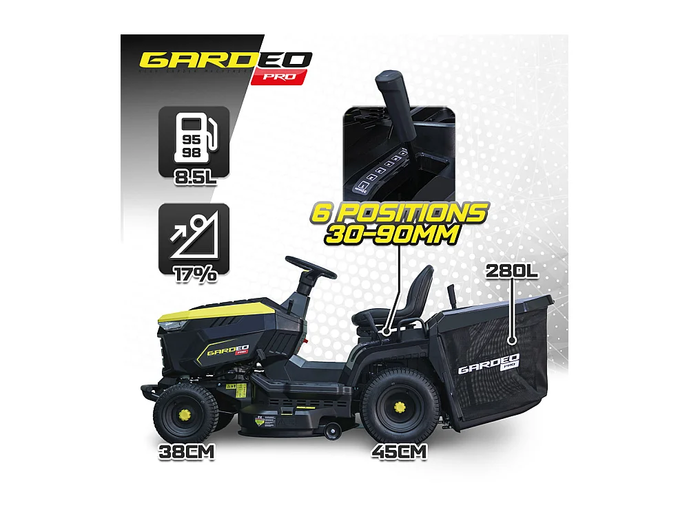 Tracteur tondeuse Gardeo Pro 102 cm, 452 cc (9,2 kW), bac 280 L, fonction mulching